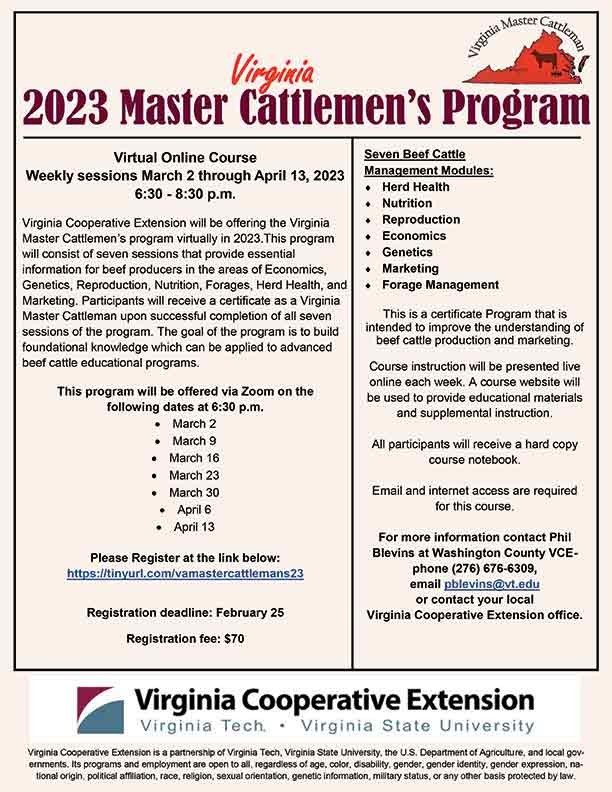 Screenshot image of the 2023 Virginia Master Cattlemen's Program Flyer